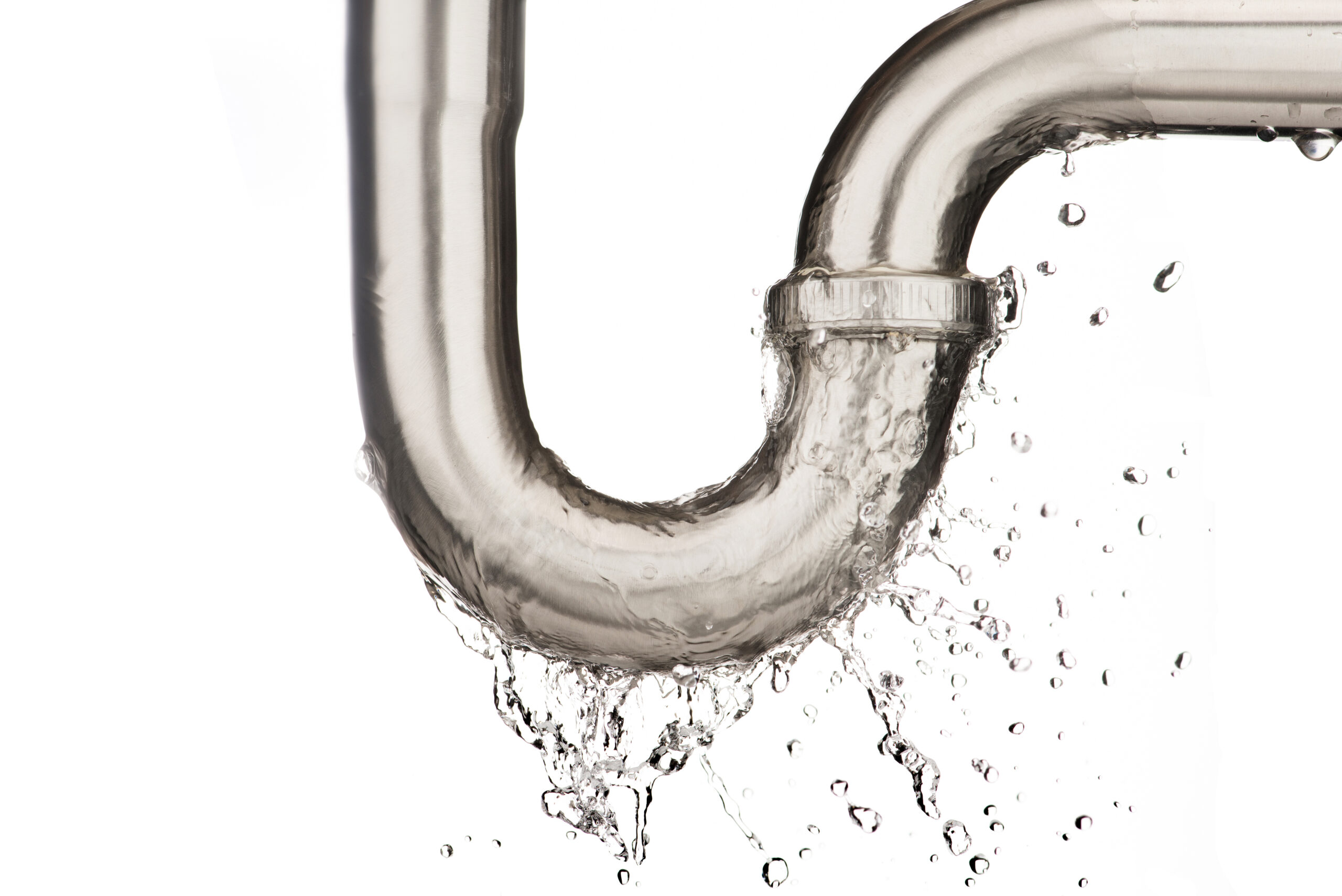 Leaking of water from stainless steel sink pipe on isolated on white background